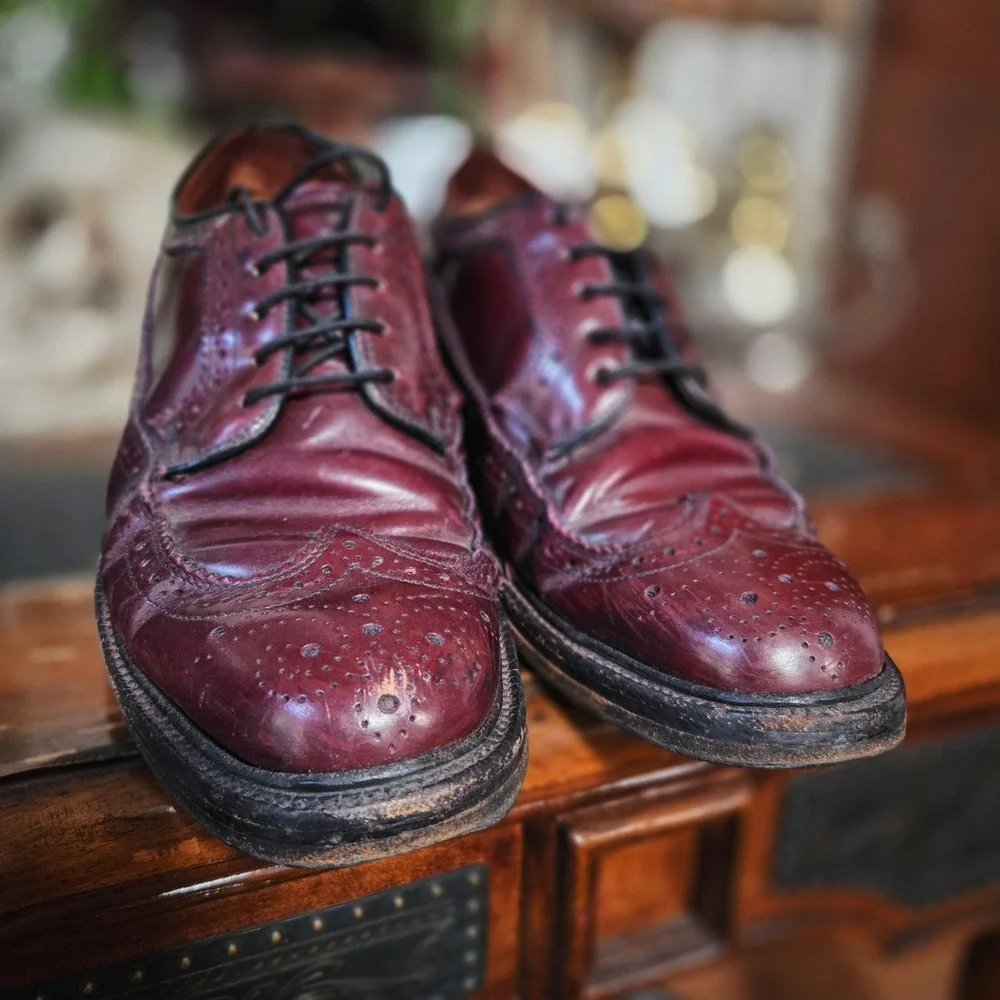 Vintage 80s Mens Burgundy Leather Wingtip‎ Brogue Oxford Dress Shoes